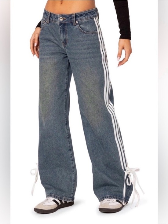 Cali1850 Denim - Mid-Rise Wide-Leg Jeans with White Side Stripes